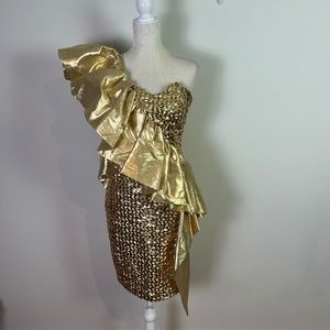 Flo Kerr New York Vintage Gold Sequin One Shoulder Dress